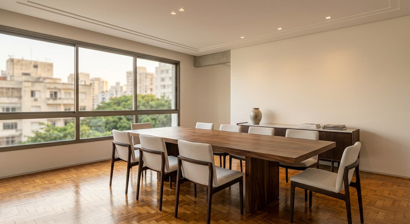 sala de jantar com piso de taco restaurado